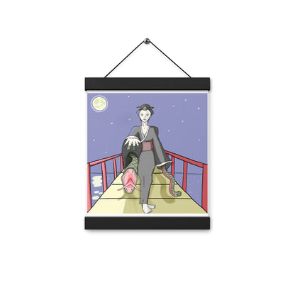 Night time snake attack. Poster with hangers. Beautiful Japanese Woman standing on red bridge under moon light. Snakes emerge from her kimono.