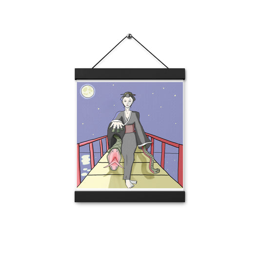 Night time snake attack. Poster with hangers. Beautiful Japanese Woman standing on red bridge under moon light. Snakes emerge from her kimono.